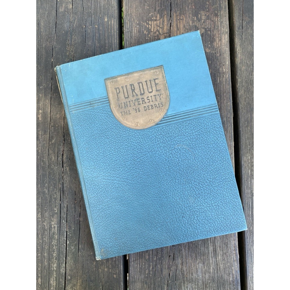 Vintage 1936 Purdue University Debris Yearbook Blue Hardcover Metal Shield Logo